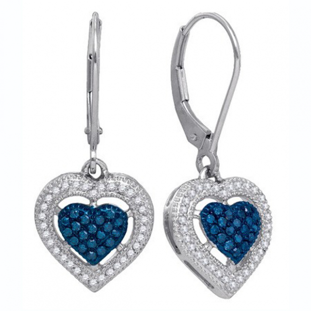 0.40 Carat (ctw) 10K White Gold Round Blue & White Diamond Ladies Dangling Drop Heart Earrings
