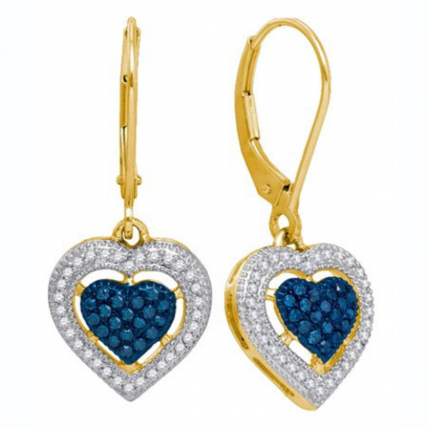 0.40 Carat (ctw) 10K Yellow Gold Round Blue & White Diamond Ladies Dangling Drop Heart Earrings