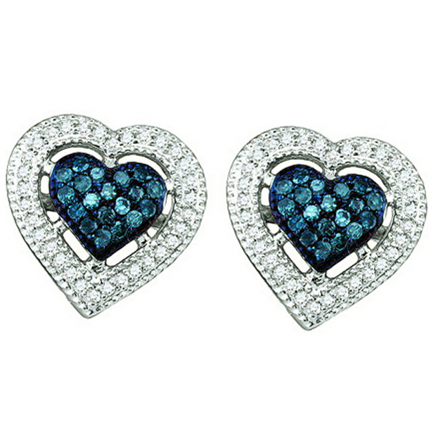 0.40 Carat (ctw) 10k White Gold Round Blue & White Diamond Ladies Heart Shape Earrings
