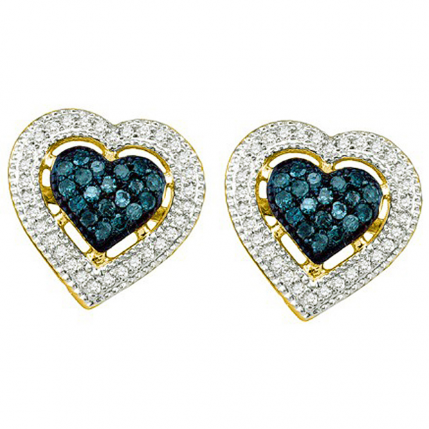 0.40 Carat (ctw) 10k Yellow Gold Round Blue & White Diamond Ladies Heart Shape Earrings