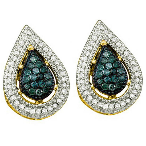 0.40 Carat (ctw) 10k Yellow Gold Round Blue & White Diamond Ladies Fine Earrings