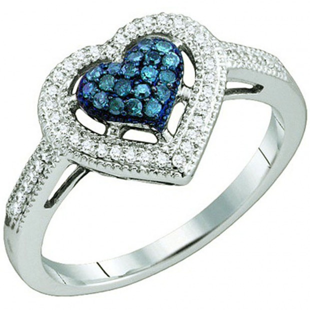 0.25 Carat (ctw) 10k White Gold Blue & White Diamond Ladies Bridal Promise Heart Engagement Ring