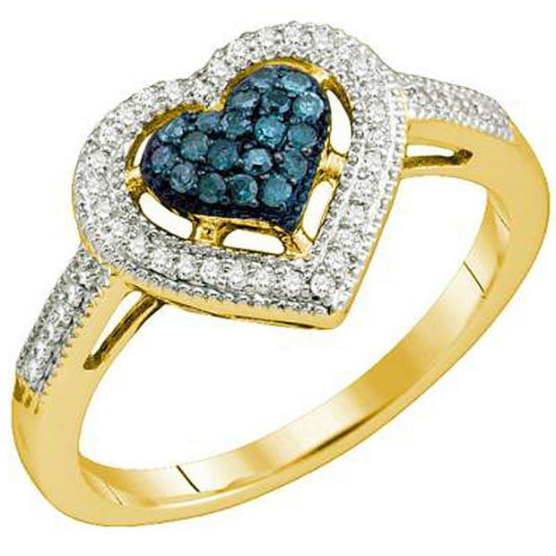 0.25 Carat (ctw) 10k Yellow Gold Blue & White Diamond Ladies Bridal Promise Heart Engagement Ring