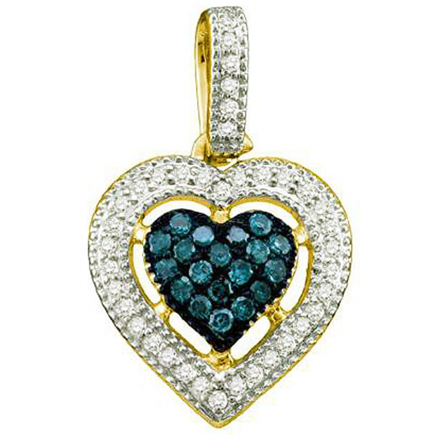 0.21 Carat (ctw) 10k Yellow Gold Blue & White Diamond Ladies Heart Pendant