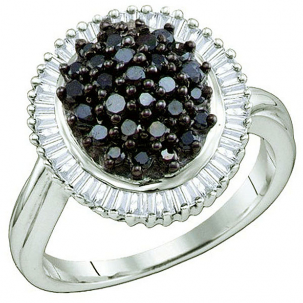 1.03 Carat (ctw) Sterling Silver Black & White Diamond Ladies Right Hand Cluster Ring