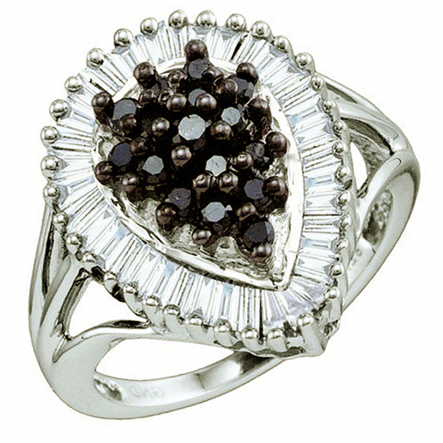 1.03 Carat (ctw) Sterling Silver Black & White Diamond Ladies Right Hand Cluster Ring