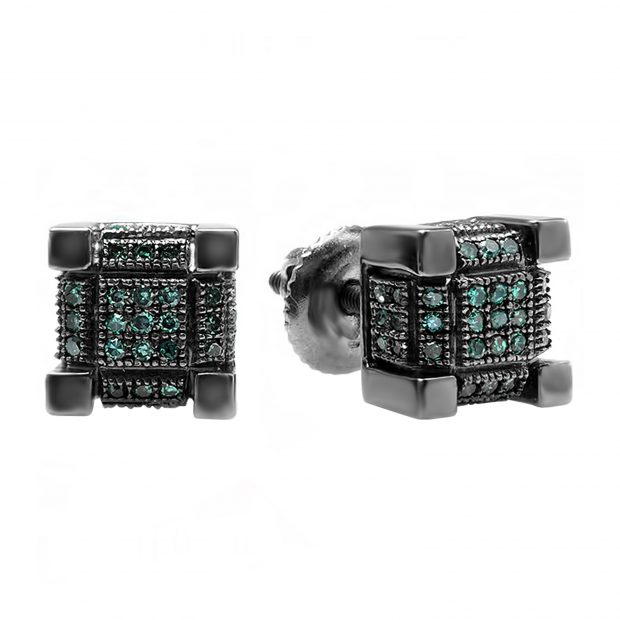 0.20 Carat (ctw) Sterling Silver Real Round Diamond Iced Mens Hip Hop Cube Dice Shape Stud Earring (Blue color) 1/5 CT