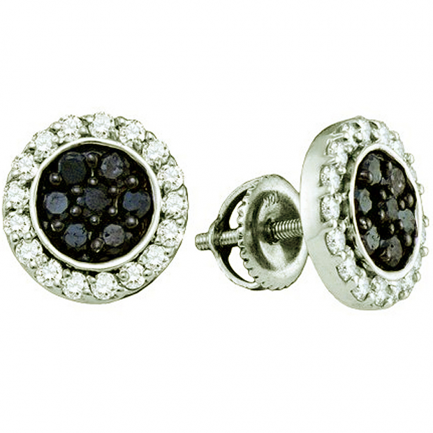 1.00 Carat (ctw) 10k White Gold Round Black & White Diamond Ladies Micro Pave Cluster Earrings