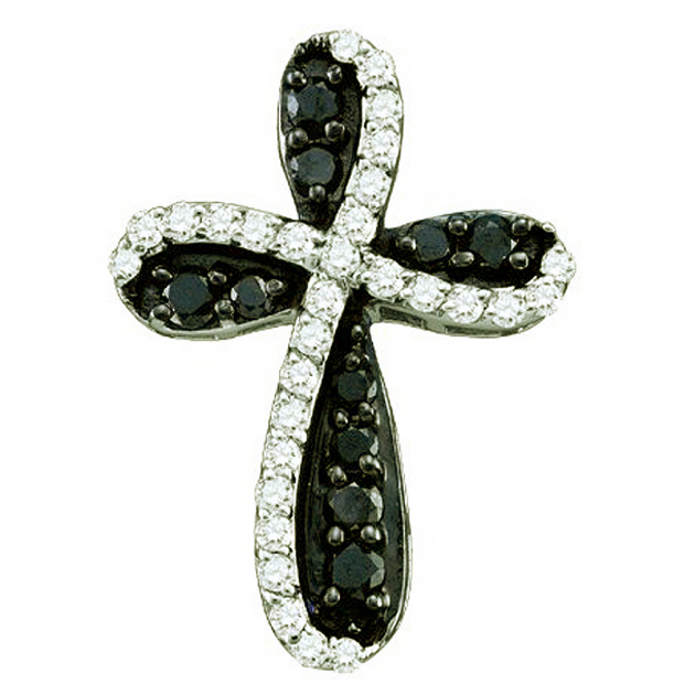 0.97 Carat (ctw) 10k White Gold Round Black & White Diamond Ladies Cross Charm Pendant