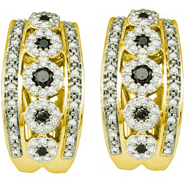 0.75 Carat (ctw) 10k Yellow Gold Round White & Black Diamond Ladies Fashion Hoop Earrings