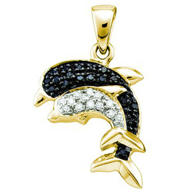 0.11 Carat (ctw) 10k Yellow Gold White & Black Diamond Ladies Double Dolphin Pendant