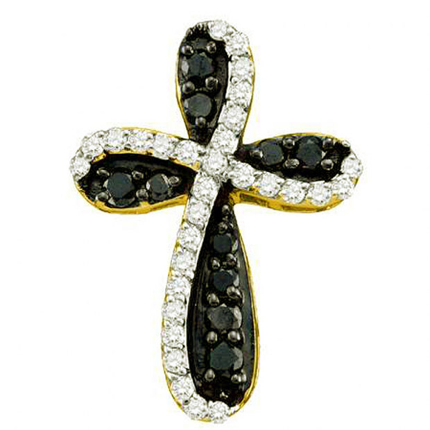 0.97 Carat (ctw) 10k Yellow Gold Round Black & White Diamond Ladies Cross Charm Pendant
