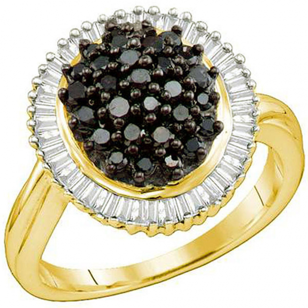 1.03 Carat (ctw) 18k Yellow Gold Plated Sterling Silver Black & White Diamond Ladies Right Hand Cluster Ring