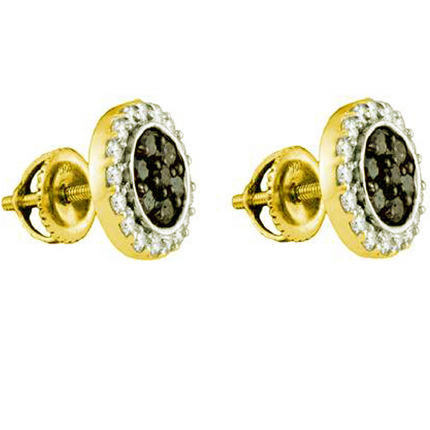 1.00 CT 10k Yellow Gold Round Black & White Diamond Micro-Pave Cluster Earrings