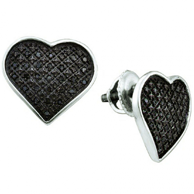 0.24 Carat (ctw) Sterling Silver Black Diamond Ladies Heart Shape Stud Earrings