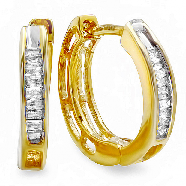 0.15 Carat (ctw) 18K Yellow Gold Plated Sterling Silver Ladies Baguette Diamond Huggies Hoop Earrings