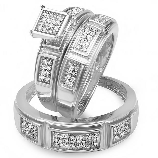 0.33 Carat (ctw) Sterling Silver Round White Diamond Men & Womens Micro Pave Engagement Ring Trio Bridal Set