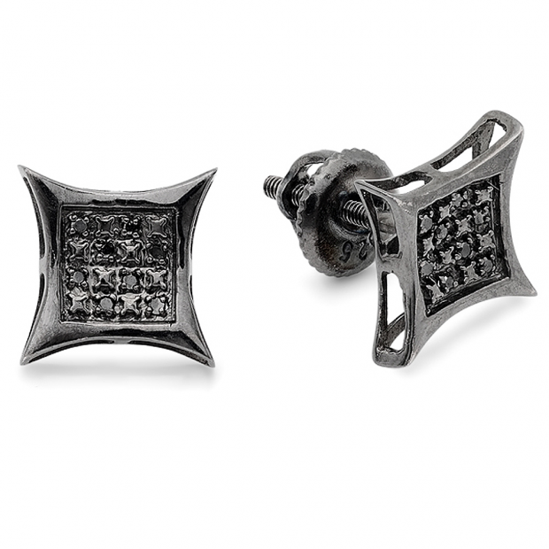 0.10 Carat (ctw) Sterling Silver Black Real Diamond Kite Shape Mens Hip Hop Iced Stud Earrings