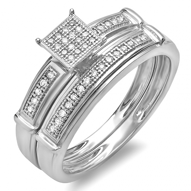0.12 Carat (ctw) Sterling Silver Round White Diamond Men & Womens Micro Pave Engagement Ring Bridal Set