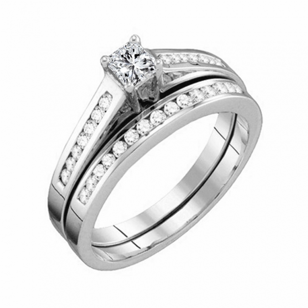 0.50 Carat (ctw) 10k White Gold Princess & Round Diamond Ladies Bridal Engagement Ring Matching Band Wedding Set