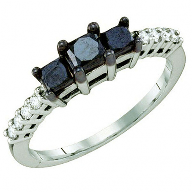 0.98 Carat (ctw) 10k White Gold Black & White Diamond Ladies Three Stone Engagement Ring