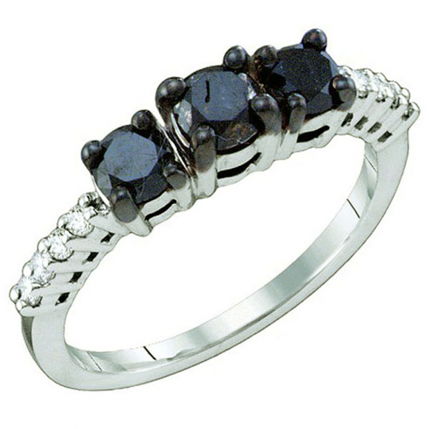 1.06 Carat (ctw) 10k White Gold Round Black & White Diamond Ladies Three Stone Engagement Ring