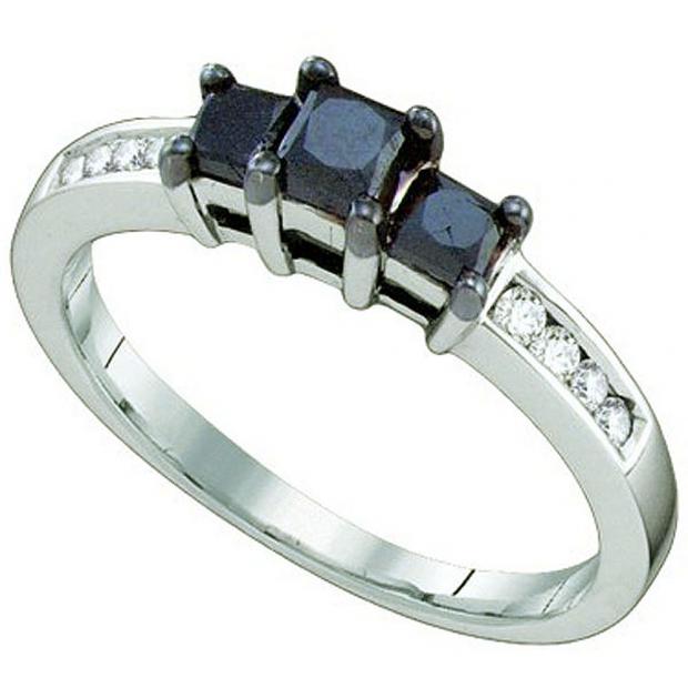 0.83 Carat (ctw) 10k White Gold Black & White Diamond Ladies Three Stone Engagement Ring