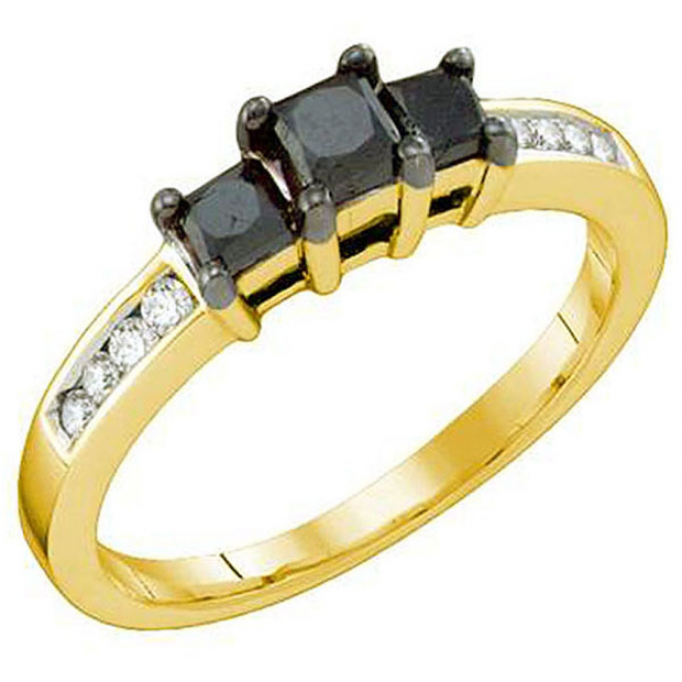 0.83 Carat (ctw) 10k Yellow Gold Black & White Diamond Ladies Three Stone Engagement Ring