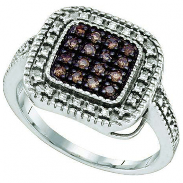 0.19 Carat (ctw) Sterling Silver White & Cognac Diamonds Ladies Vintage Style Ring