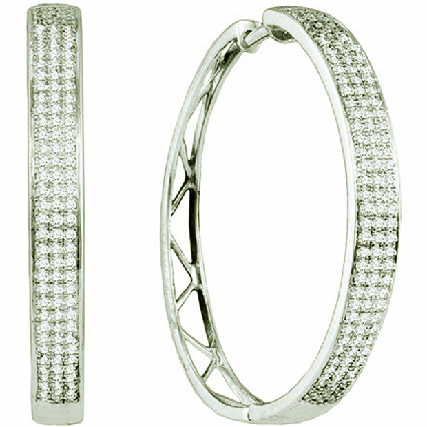 0.80 Carat (ctw) 10k White Gold Round White Diamond Ladies Micro Pave Hoops Earrings