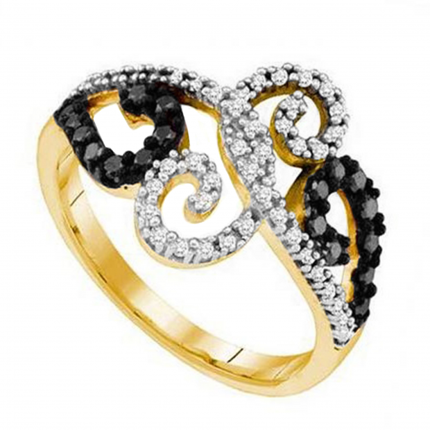 0.33 Carat (ctw) 10k Yellow Gold Black & White Diamond Ladies Cocktail Right Hand Ring