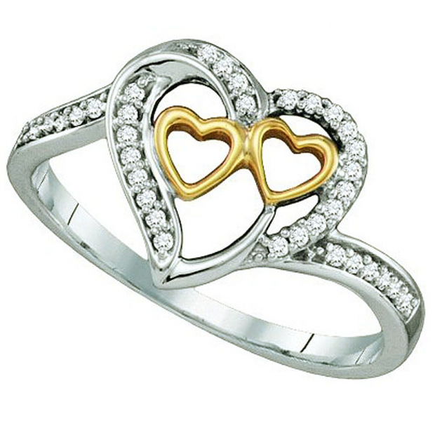 0.12 Carat (ctw) 10K White & Yellow Gold White Diamond Ladies Two Tone Three Hearts Promise Ring