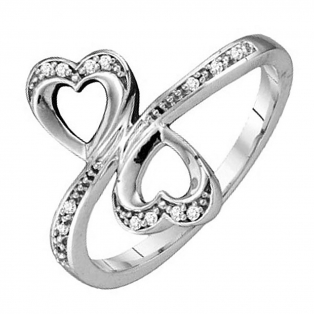 0.04 Carat (ctw) 10k White Gold White Diamond Ladies Double Heart Promise Ring