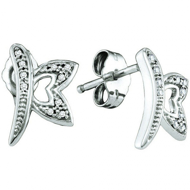 0.05 Carat (ctw) 10k White Gold Brilliant White Diamond Ladies Dragonfly Micro Pave Earrings