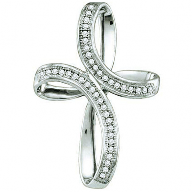 0.12 Carat (ctw) 10k White Gold Brilliant White Diamond Ladies Cross Pendant