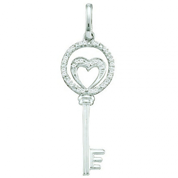 0.10 Carat (ctw) 10k White Gold White Diamond Ladies Micro Pave Key Pendant