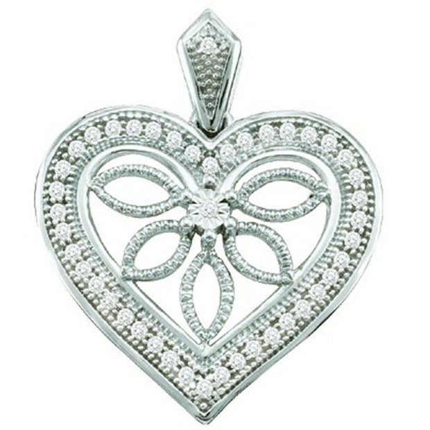 0.10 Carat (ctw) 10k White Gold White Diamond Ladies Vintage Style Heart Pendant