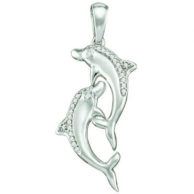 0.07 Carat (ctw) 10k White Gold Brilliant White Diamond Ladies Double Dolphin Pendant