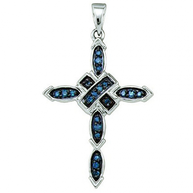 0.21 Carat (ctw) 10k White Gold Blue Diamond Ladies Cross Pendant