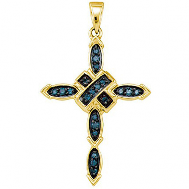 0.21 Carat (ctw) 10k Yellow Gold Blue Diamond Ladies Cross Pendant