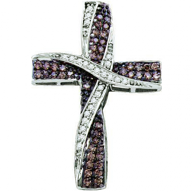 0.57 Carat (ctw) 10k White Gold Brown & White Diamond Ladies Cross Pendant