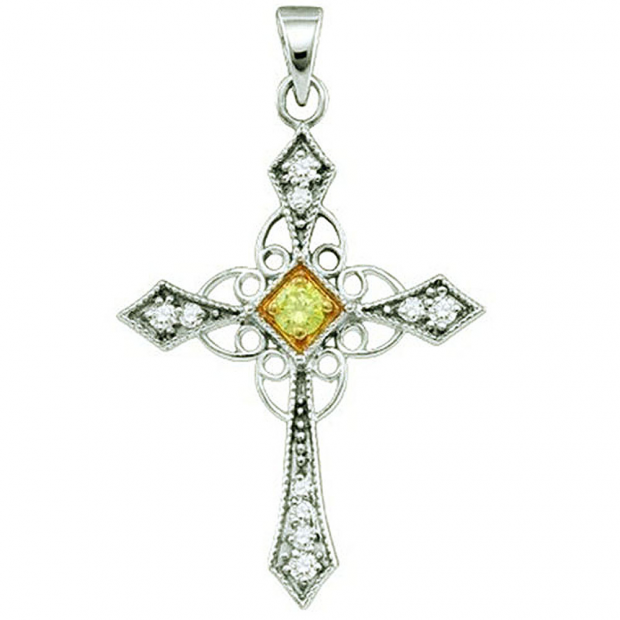 0.31 Carat (ctw) 10k White Gold Yellow & White Diamond Ladies Vintage Style Cross Pendant