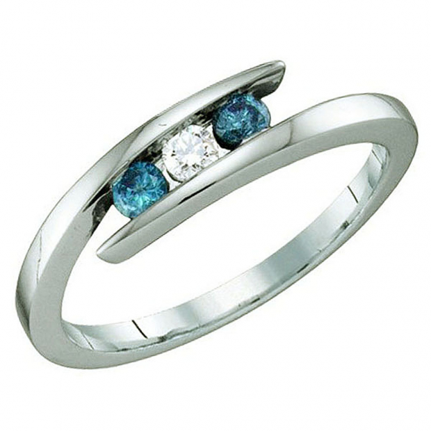 0.25 Carat (ctw) 10k White Gold Blue & White Diamond Ladies 3 Stone Band Ring