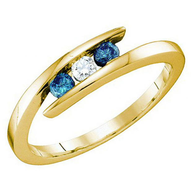 0.25 Carat (ctw) 10k Yellow Gold Blue & White Diamond Ladies 3 Stone Band Ring