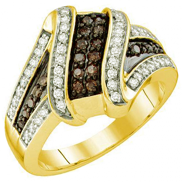 0.55 Carat (ctw) 10k Yellow Gold Round Champagne & White Diamond Ladies Right Hand Fashion Band