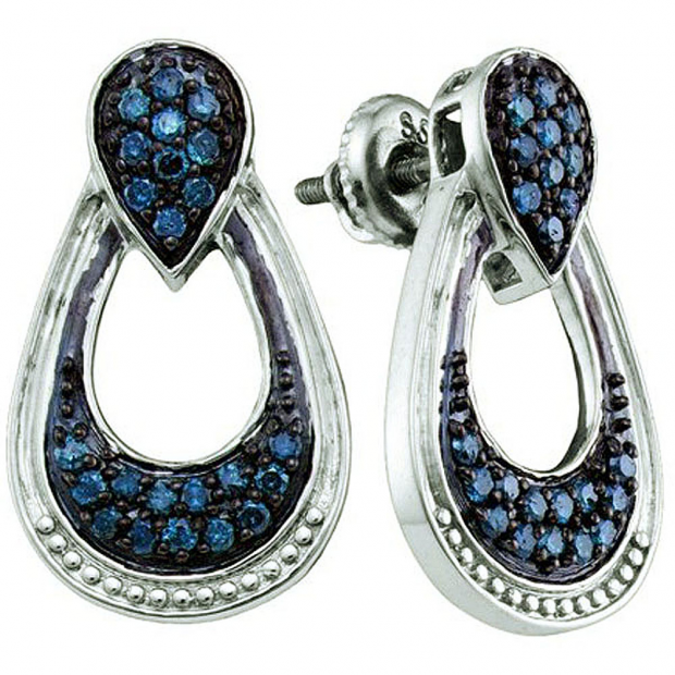 0.68 Carat (ctw) Sterling Silver Round Blue Diamond Ladies Drop Earrings
