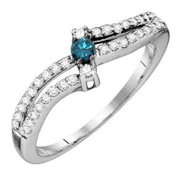 0.34 Carat (ctw) Sterling Silver Blue & White Diamond Ladies Bridal Engagement Promise Ring