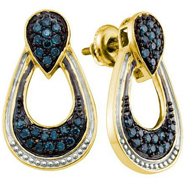 0.68 Carat (ctw) 18k Yellow Gold Plated Sterling Silver Round Blue Diamond Ladies Drop Earrings