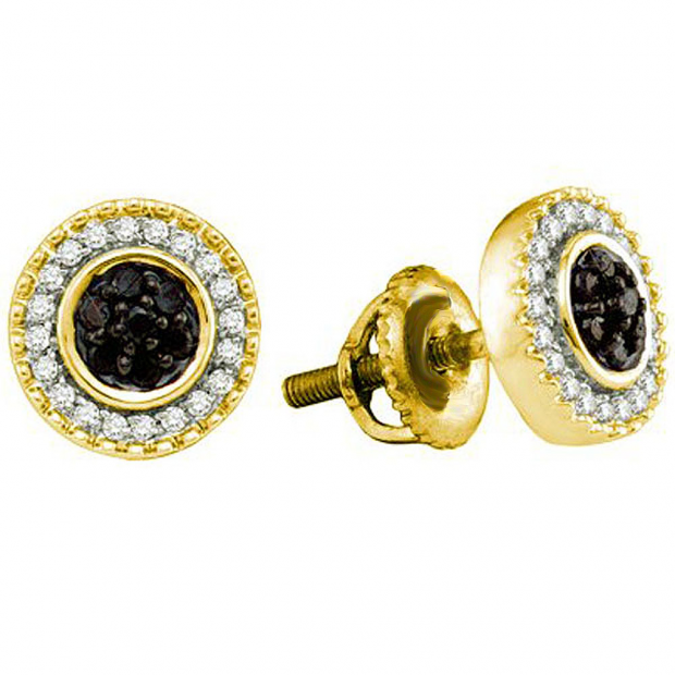 0.27 Carat (ctw) 18k Yellow Plated Sterling Silver Black & White Diamond Ladies Cluster Earrings