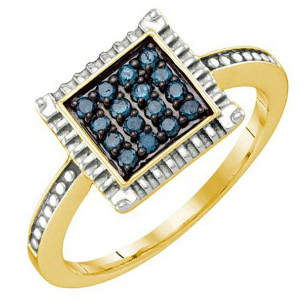 0.26 Carat (ctw) 18k Yellow Gold Plated Sterling Silver Round Blue Diamond Ladies Cluster Ring